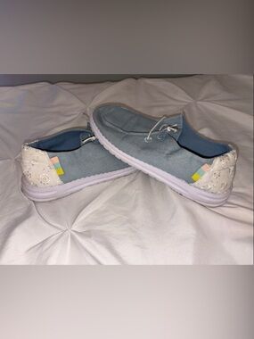 Sugar Light Blue Canvas Lace-Back Flats with Pastel Accents